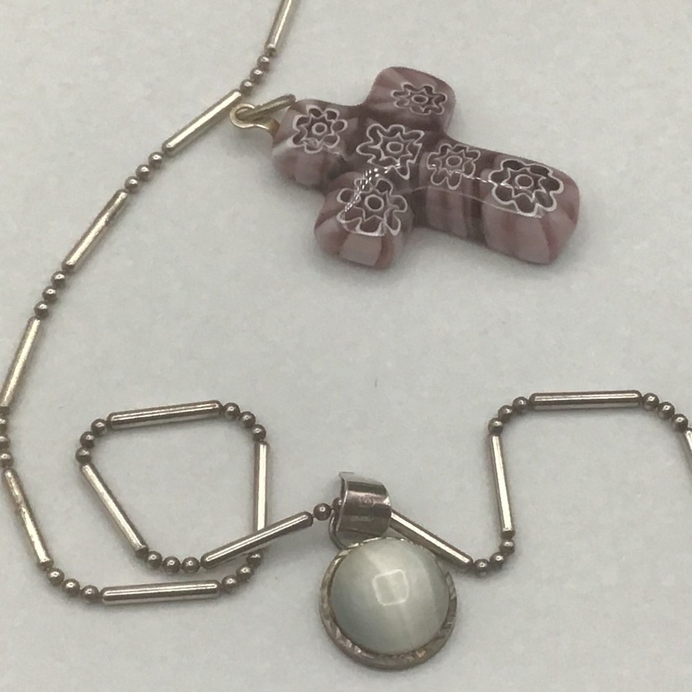 925 Sterling Silver Fancy Chain w 2 Pendants, moonstone and Murano cross